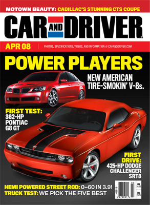 Illustration for article titled Car & Driver Cover Clinic: Which Embargoed Shot of the 2008 Dodge Challenger SRT8 Do You Want on their April Cover?